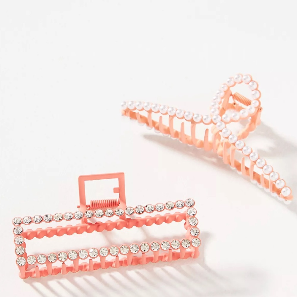 Anthropologie Embellished Pink Hair Claw Clips, Set of 2